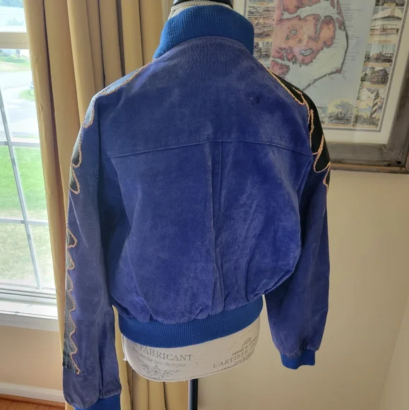 Vintage Royal Blue Suede Black Leather Patchwork Bomber Jacket Fox Run K… - Picture 8 of 16
